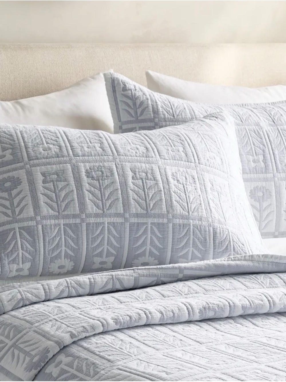 Quince King Organic Cotton Jacquard Floral Sham Set - Blue Fog NWOT